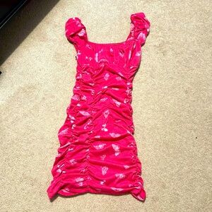 Hot pink fitted mini dress w/ white butterfly print